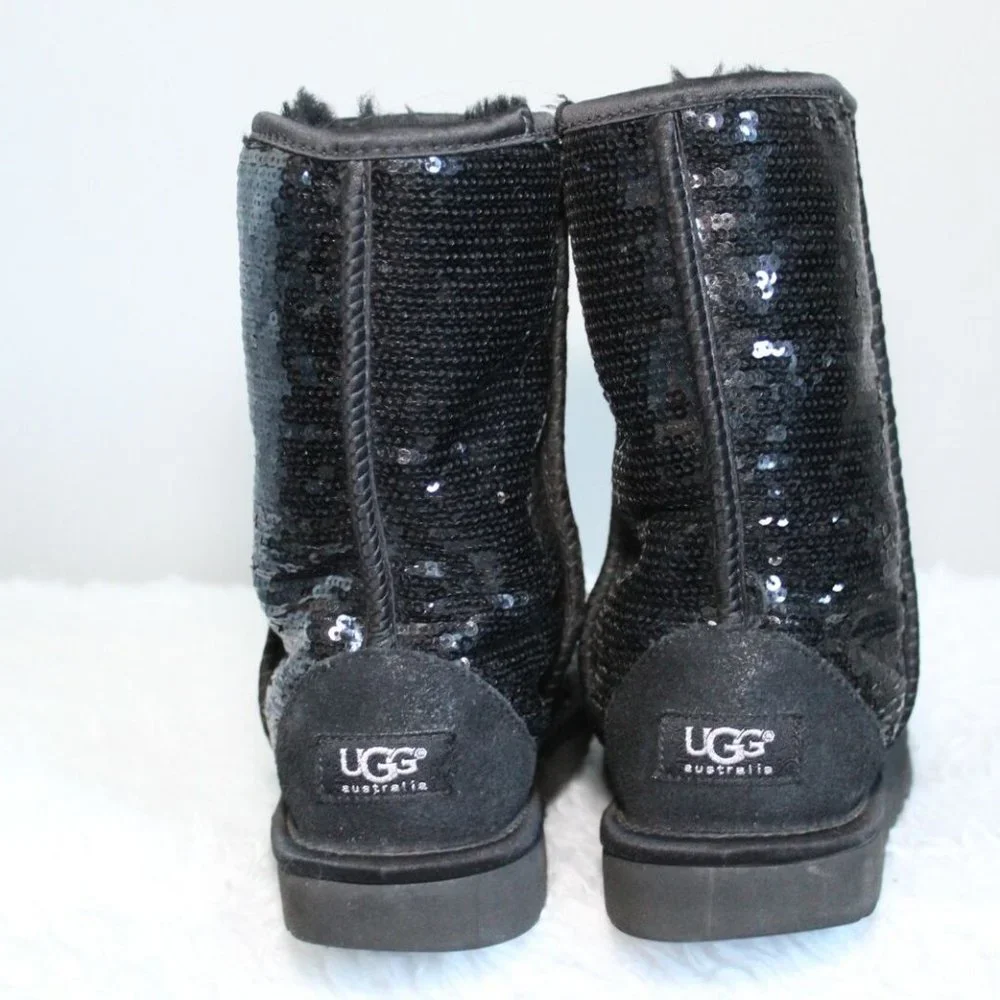 UGG Classic Short Sparkles Black Boots Sequin Sheepskin 3161 Women's 8 H12133 - Picture 4 of 11